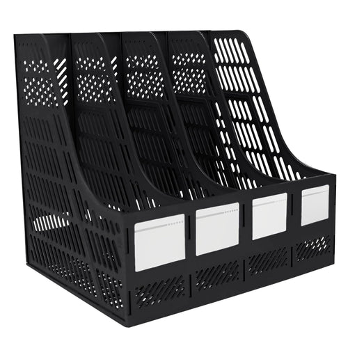 A4 Zeitschriftensammler, 4 vertikale Fächer, Bücherregal, Dokumentenmappe, Ordner, Trennwand, Schreibtisch-Organizer, Papierbox für Büro, Zuhause, Organisation und Aufbewahrung, Schwarz