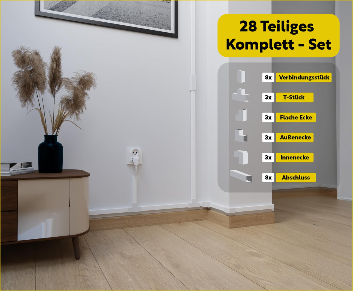 8 m (40 × 40 mm) PVC Kabelkanal Set – 8 × 1 m Profile – Großprofil – inklusive 20 Zubehörteile – für Innen- und Außenbereich – Weiß