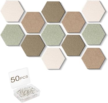 Acidea 12 Stück Filz Pinnwand Sechseckig, Selbstklebende Sechseckige Korkplatte DIY mit 50 Durchsichtig Pushpins, Kork Alternative Fototafel Wanddekoration für Fotos, Memos, Notizen