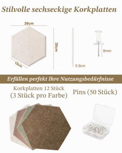 Acidea 12 Stück Filz Pinnwand Sechseckig, Selbstklebende Sechseckige Korkplatte DIY mit 50 Durchsichtig Pushpins, Kork Alternative Fototafel Wanddekoration für Fotos, Memos, Notizen
