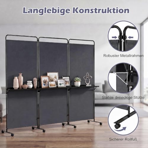 LIFEZEAL Raumteiler auf Rollen, Paravent Innen mit Regal (Dunkelgrau)