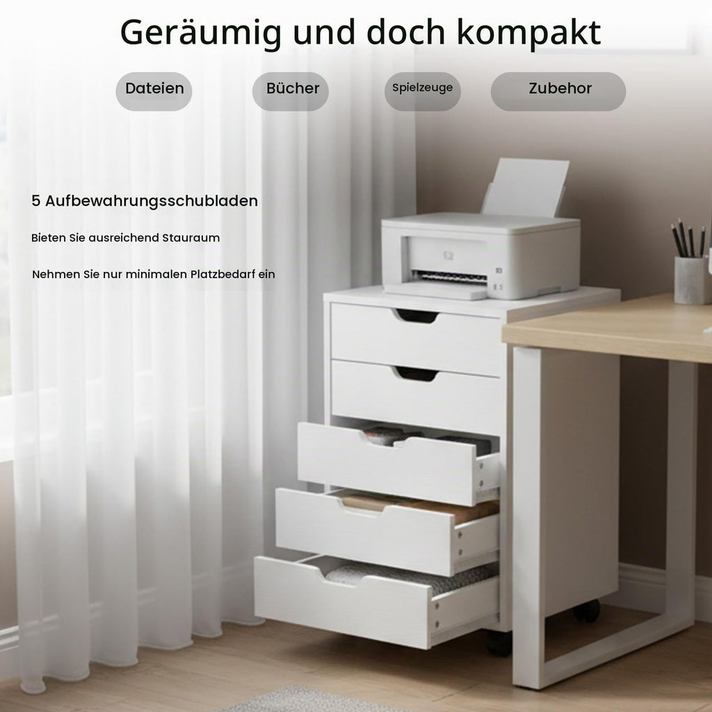 Rollcontainer mit 5 Schubladen, mobiler Aktenschrank mit Rollen, Schubladenschrank Büroschrank Bürocontainer, Schreibtisch Unterschrank, 48 x 40 x 65 cm (Weiß)