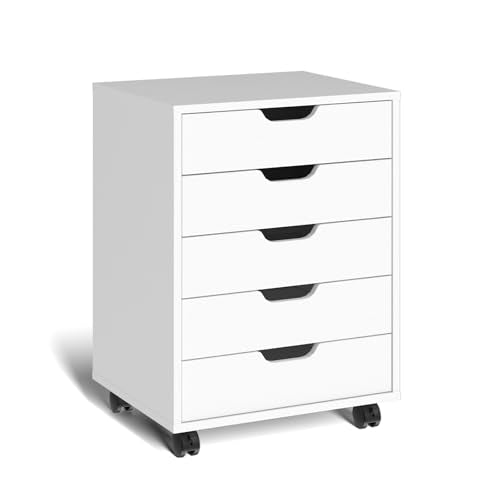 Rollcontainer mit 5 Schubladen, mobiler Aktenschrank mit Rollen, Schubladenschrank Büroschrank Bürocontainer, Schreibtisch Unterschrank, 48 x 40 x 65 cm (Weiß)