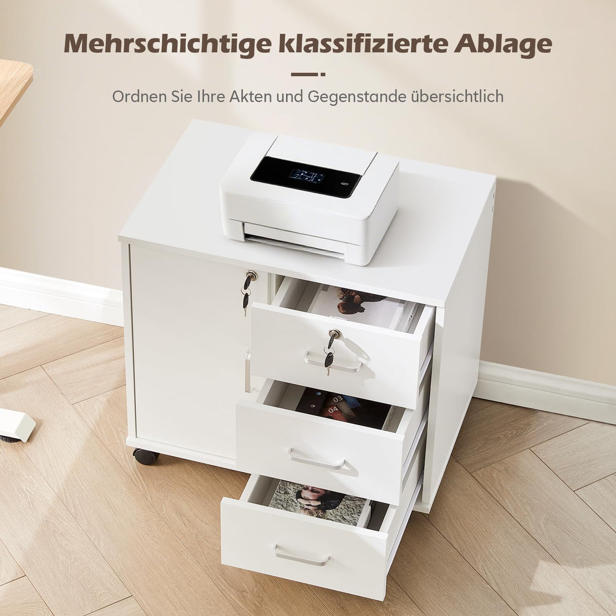 TUKAILAI Rollcontainer Abschließbar Weiß, 3 Schubladen, Türfach, 4 Rollen