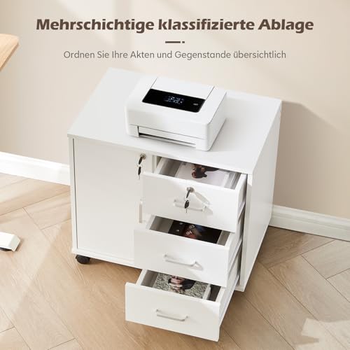 TUKAILAI Rollcontainer Abschließbar Weiß, 3 Schubladen, Türfach, 4 Rollen