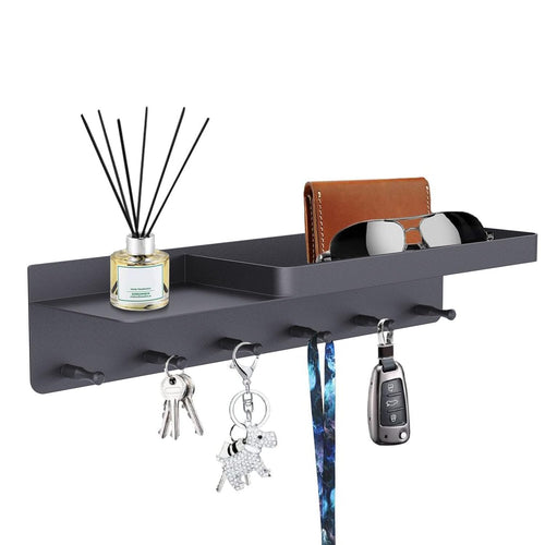 Honsdom Schlüsselbrett mit Ablage und 6 Haken, Schlüsselregal Schwarz Organizer Schlüsselablage, Schlüsselboard ohne Bohren Wandmontage für Eingangsbereich, Flur, Küche