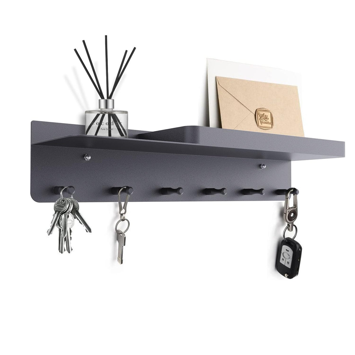 Honsdom Schlüsselbrett mit Ablage und 6 Haken, Schlüsselregal Schwarz Organizer Schlüsselablage, Schlüsselboard ohne Bohren Wandmontage für Eingangsbereich, Flur, Küche