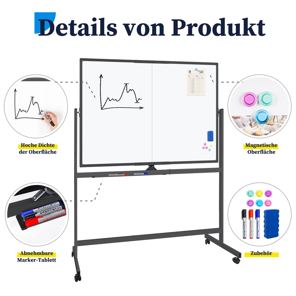 maxtek Whiteboard mit Ständer 120 x 90 cm, Magnetisches Flipchart