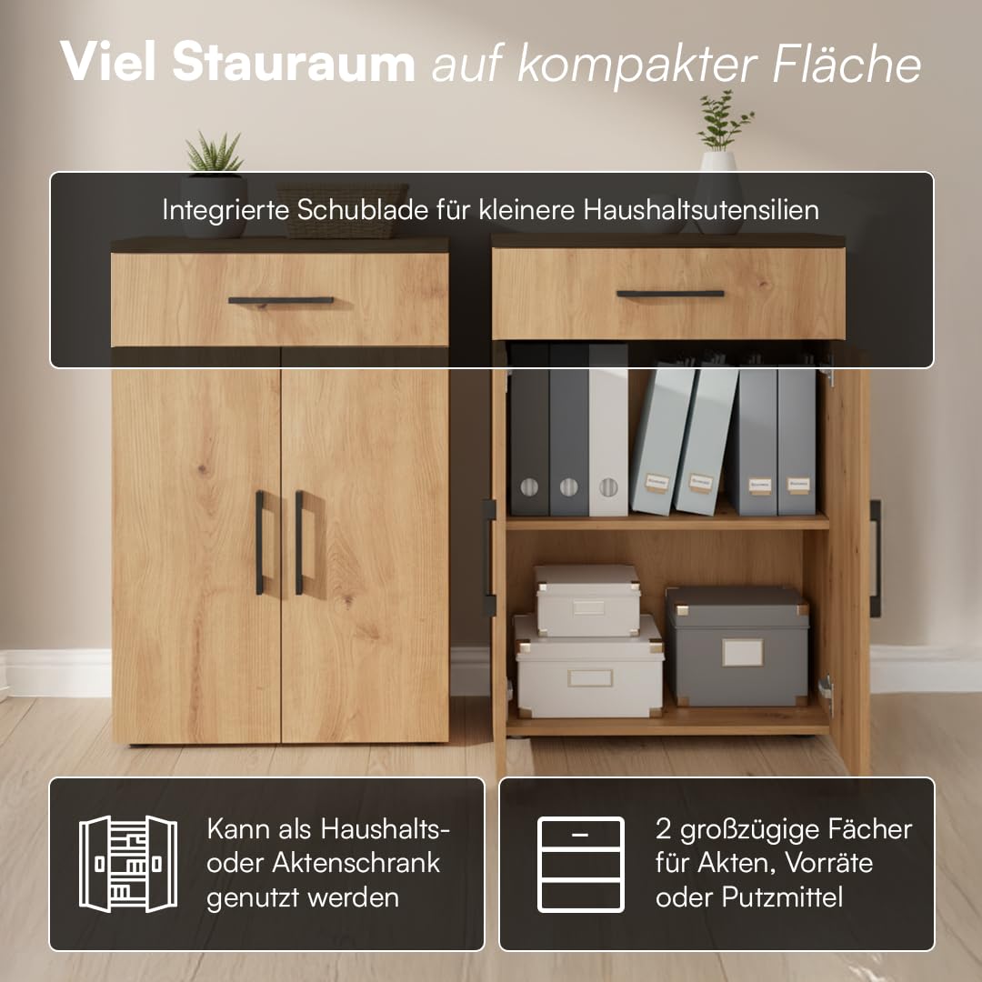 Bellamio Apol Büroschrank 60 cm breit, Eichenoptik, 1 Schublade, 2 Fächer