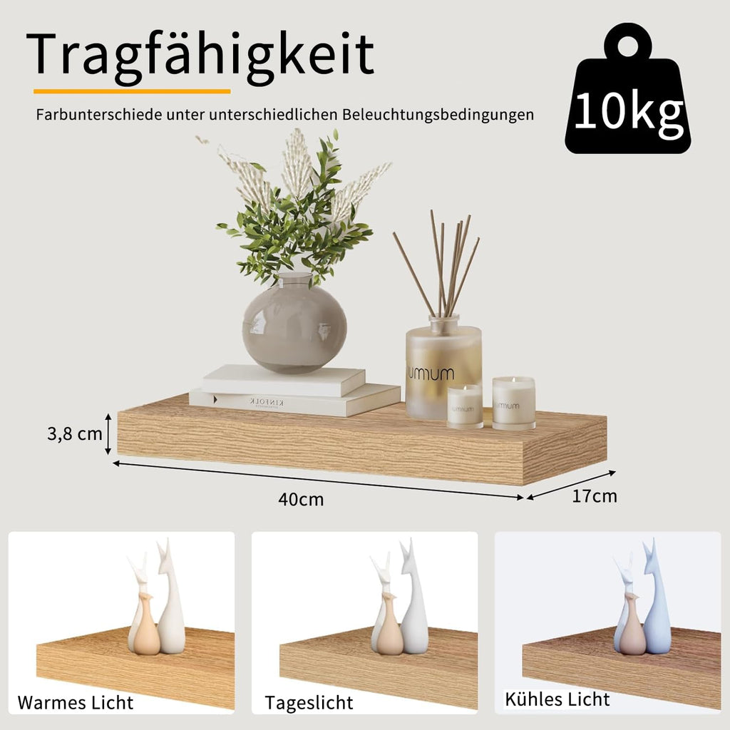 Wandregal Holz 40cm, Regal Eiche, 2er-Set Schweberegal Regal Wand