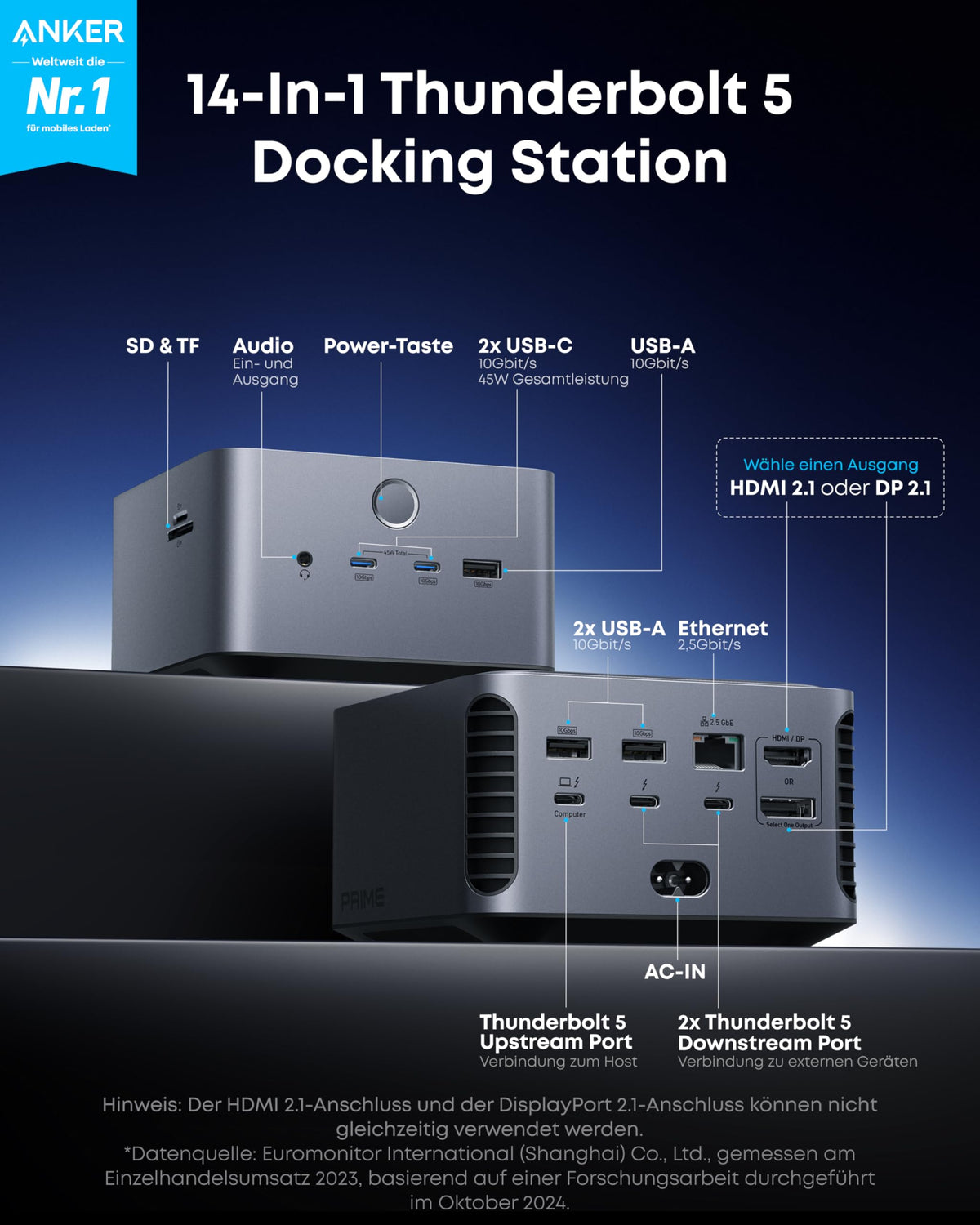 Anker Prime TB5 Docking Station, 14 Ports Thunderbolt 5 Dock mit 140W Max