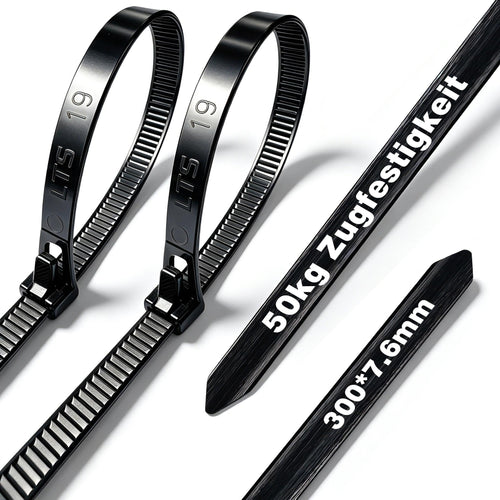 Wiederverwendbare Kabelbinder Schwarz 300mm x 7,6 mm verbreitert (20 Stück), UV-Beständig Nylon Kabelbinder, Verstellbar für Haushalt, Garten, Elektroinstallation, Kabelmanagement (BRT300)