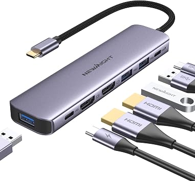 Adapter USB C auf Dual Hdmi, Newmight 7 in 1 USB C Docking Station Dual Monitor mit 2 HDMI, 3 USB3.0, 100 W PD, USB C 3.0 Ports, kompatibel mit Dell, HP, iPhone 15 Serie