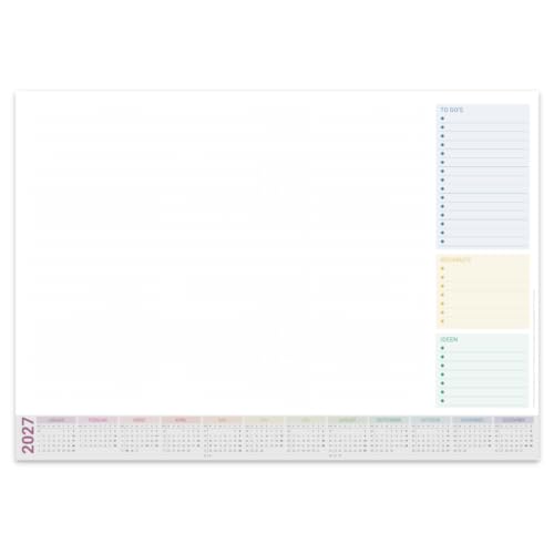 PuK Schreibtischunterlage mit Kalender 2027 bunt | DIN A2 mit Kantenschutz | 25 Blatt zum Abreißen mit praktischen Listen | Schreibtischunterlage Schutzleiste Papier A2 Kalender 2027