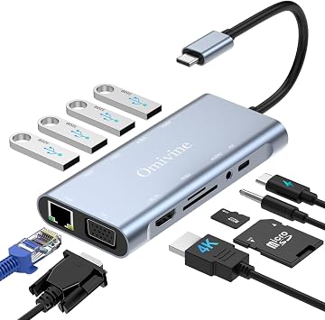 11-In-1 USB C Hub mit PD 100W, 4K HDMI, VGA, Ethernet, 1 X USB 3.0, 3 X USB 2.0, SD/TF Kartenleser, 3.5 mm Aux Ports für iPhone 17/16/15, MacBook, iPad, Samsung, Mac, Surface, Dell, Laptop, PS4, TV