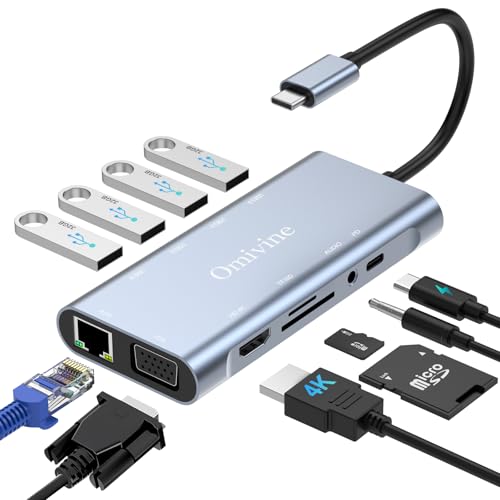 11-In-1 USB C Hub mit PD 100W, 4K HDMI, VGA, Ethernet, 1 X USB 3.0, 3 X USB 2.0, SD/TF Kartenleser, 3.5 mm Aux Ports für iPhone 17/16/15, MacBook, iPad, Samsung, Mac, Surface, Dell, Laptop, PS4, TV