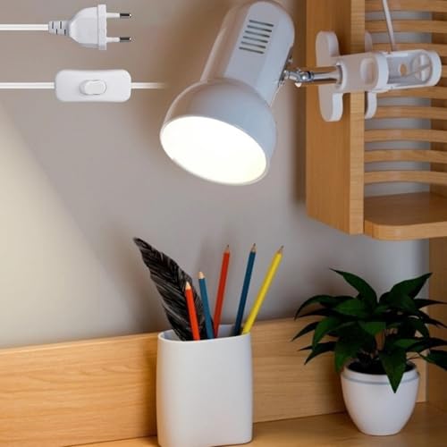 Klemmleuchte Verstellbar: E27 Fassung Keramiklampensockel Schreibtischlampe, Weiß Klemmlampe mit Stecker und Schalter, Nachttischlampe, für Lesen, Arbeiten und Lernen (Ohne Birne)