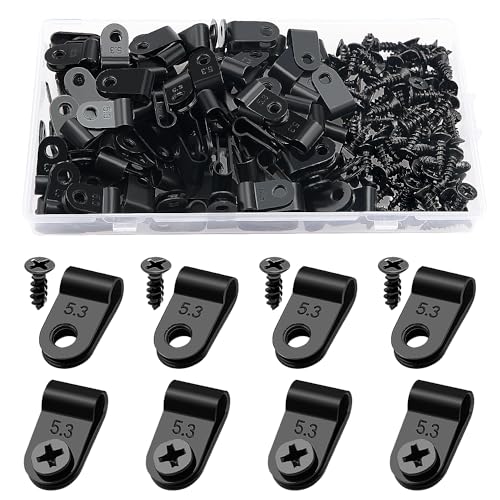 VooGenzek 100 Stück 5.3mm (3/16 Zoll) Nylon R-Type Kabelhalter, R Typ Cable Clip Drahtklemme mit 100 Stück Schrauben, für Drahtmanagement (Schwarz)