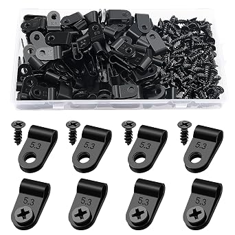 VooGenzek 100 Stück 5.3mm (3/16 Zoll) Nylon R-Type Kabelhalter, R Typ Cable Clip Drahtklemme mit 100 Stück Schrauben, für Drahtmanagement (Schwarz)