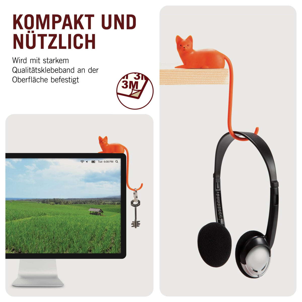 Monkey Business Ginger The Cat Tail Hook für Computer-Bildschirm, Schreibtisch Kopfhörer Aufhänger, passt Jede Enge Räume, hängen Schlüssel, Zubehör in Reichweite (Orange)