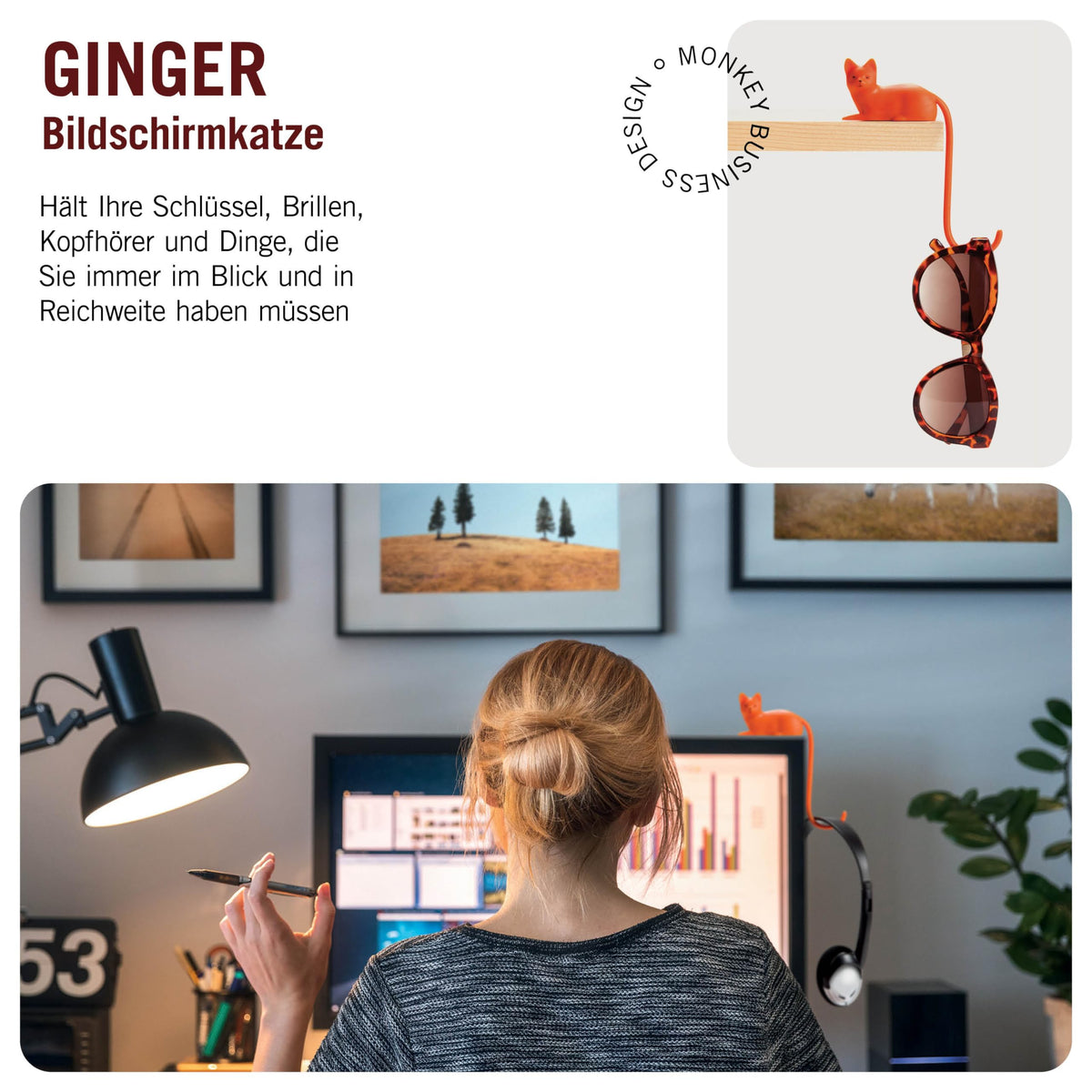 Monkey Business Ginger The Cat Tail Hook für Computer-Bildschirm, Schreibtisch Kopfhörer Aufhänger, passt Jede Enge Räume, hängen Schlüssel, Zubehör in Reichweite (Orange)