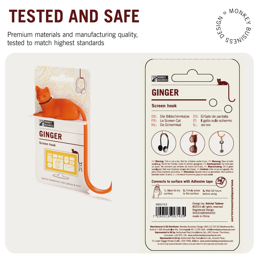 Monkey Business Ginger The Cat Tail Hook für Computer-Bildschirm, Schreibtisch Kopfhörer Aufhänger, passt Jede Enge Räume, hängen Schlüssel, Zubehör in Reichweite (Orange)