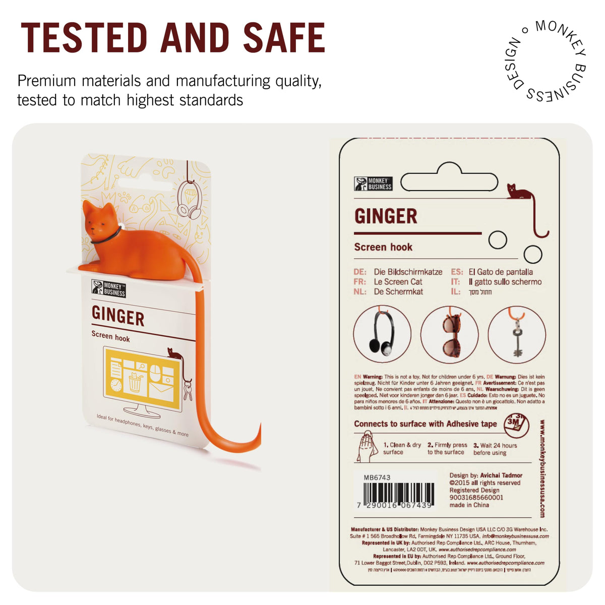 Monkey Business Ginger The Cat Tail Hook für Computer-Bildschirm, Schreibtisch Kopfhörer Aufhänger, passt Jede Enge Räume, hängen Schlüssel, Zubehör in Reichweite (Orange)