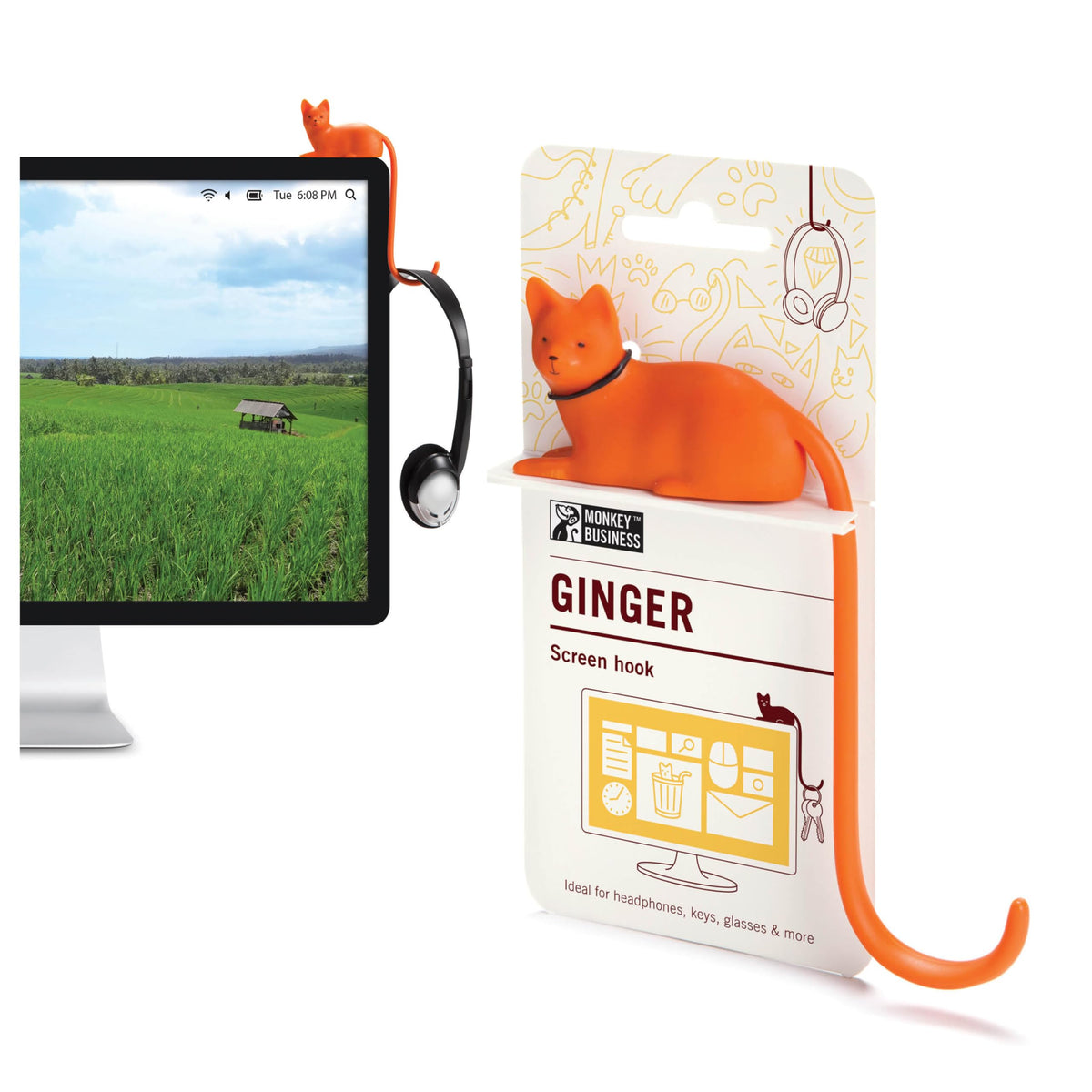 Monkey Business Ginger The Cat Tail Hook für Computer-Bildschirm, Schreibtisch Kopfhörer Aufhänger, passt Jede Enge Räume, hängen Schlüssel, Zubehör in Reichweite (Orange)