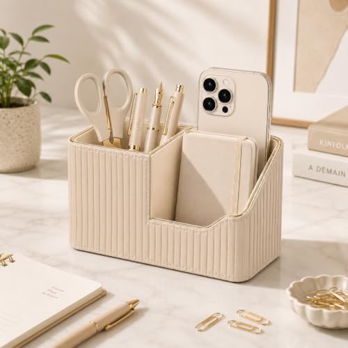 KINGFOM Stifteköcher Stifte Organizer, PU Leder Stiftehalter Schreibtisch Stiftebox Stifteköcher für Büro/Zuhause, Multifunktionale Fernbedienung Halterung (Beige)