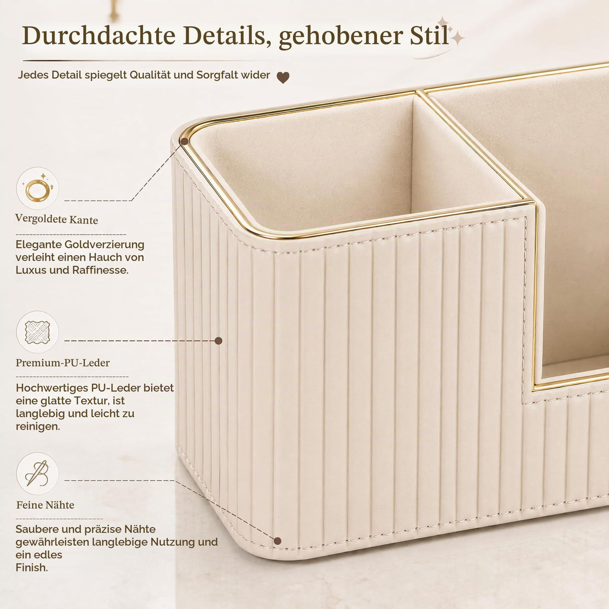 KINGFOM Stifteköcher Stifte Organizer, PU Leder Stiftehalter Schreibtisch Stiftebox Stifteköcher für Büro/Zuhause, Multifunktionale Fernbedienung Halterung (Beige)