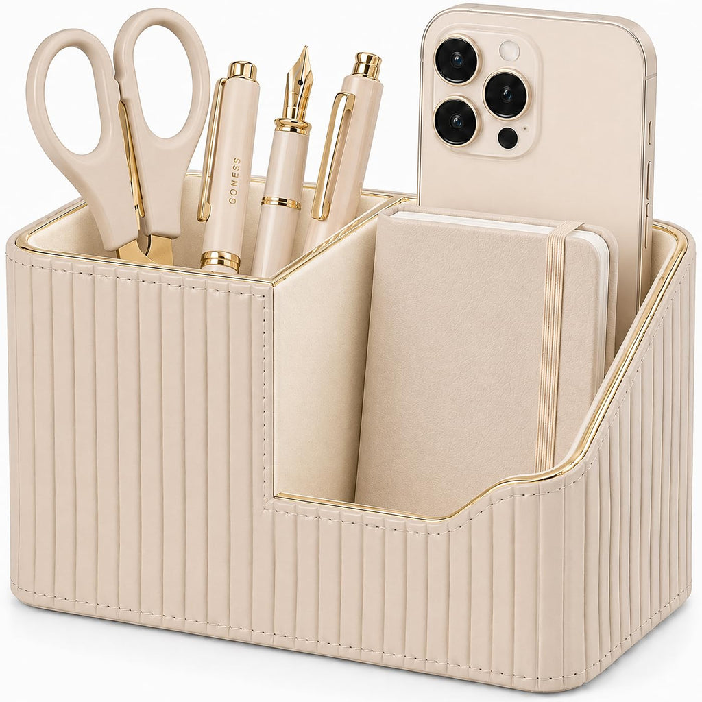 KINGFOM Stifteköcher Stifte Organizer, PU Leder Stiftehalter Schreibtisch Stiftebox Stifteköcher für Büro/Zuhause, Multifunktionale Fernbedienung Halterung (Beige)