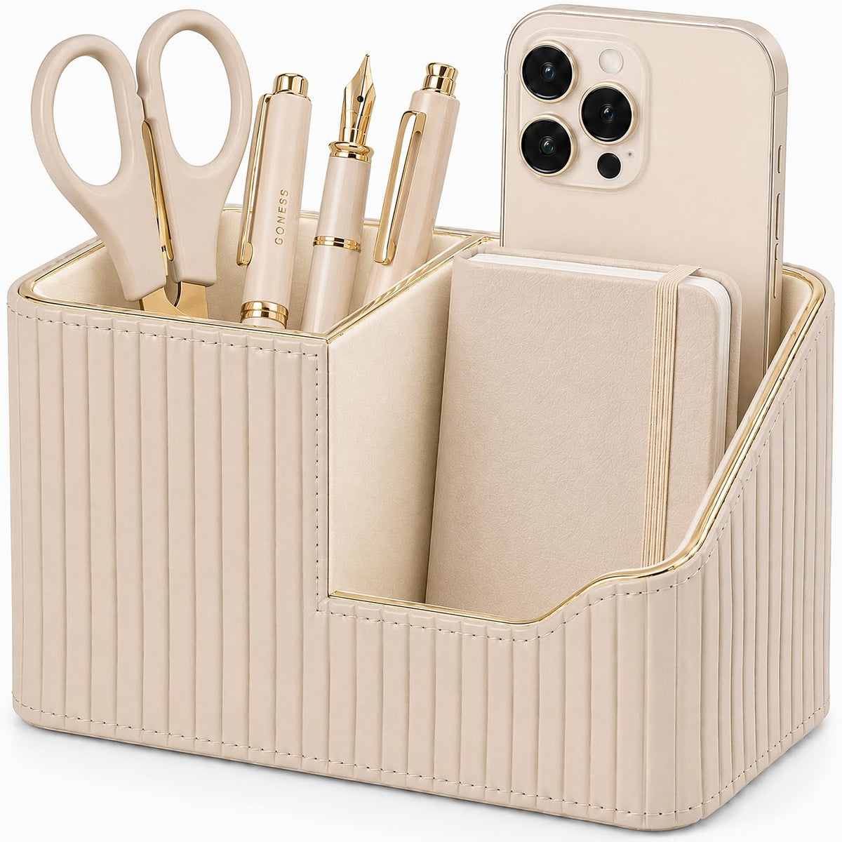 KINGFOM Stifteköcher Stifte Organizer, PU Leder Stiftehalter Schreibtisch Stiftebox Stifteköcher für Büro/Zuhause, Multifunktionale Fernbedienung Halterung (Beige)