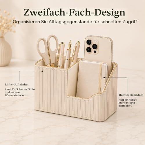 KINGFOM Stifteköcher Stifte Organizer, PU Leder Stiftehalter Schreibtisch Stiftebox Stifteköcher für Büro/Zuhause, Multifunktionale Fernbedienung Halterung (Beige)