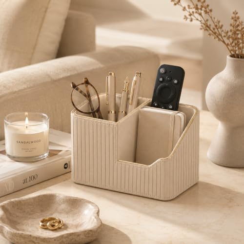 KINGFOM Stifteköcher Stifte Organizer, PU Leder Stiftehalter Schreibtisch Stiftebox Stifteköcher für Büro/Zuhause, Multifunktionale Fernbedienung Halterung (Beige)