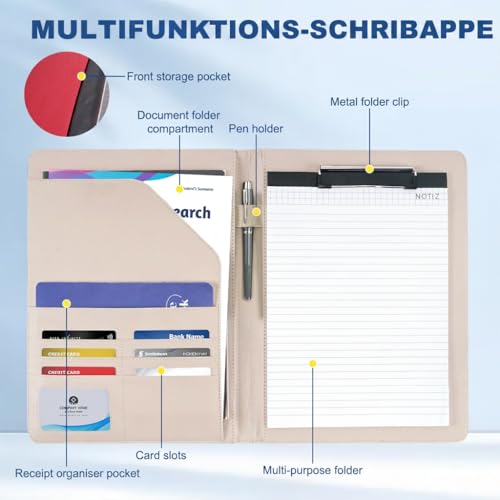 ENOMY Konferenzmappe A4 Leder personalisiert mit Reißverschluss, Dokumentenmappe Schreibmappe Organizer Mappe Portfolio Mappe mit Logo Text Bild für Bewerbung Business Büro Meeting Reise (Grau)