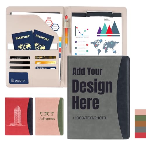 ENOMY Konferenzmappe A4 Leder personalisiert mit Reißverschluss, Dokumentenmappe Schreibmappe Organizer Mappe Portfolio Mappe mit Logo Text Bild für Bewerbung Business Büro Meeting Reise (Grau)