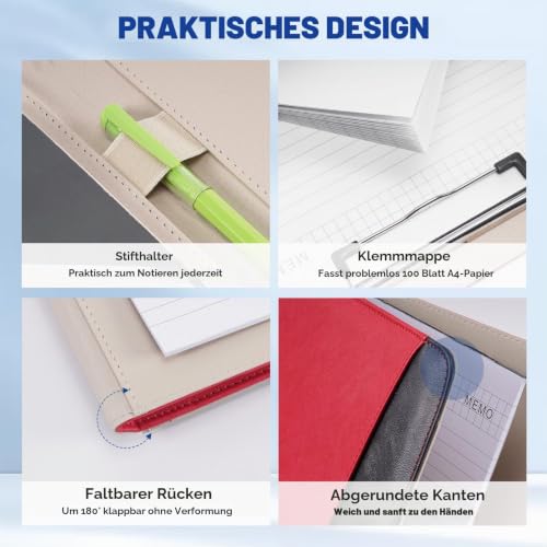 ENOMY Konferenzmappe A4 Leder personalisiert mit Reißverschluss, Dokumentenmappe Schreibmappe Organizer Mappe Portfolio Mappe mit Logo Text Bild für Bewerbung Business Büro Meeting Reise (Grau)