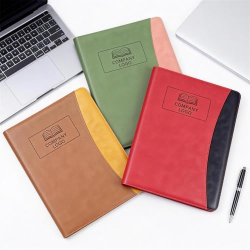 ENOMY Konferenzmappe A4 Leder personalisiert mit Reißverschluss, Dokumentenmappe Schreibmappe Organizer Mappe Portfolio Mappe mit Logo Text Bild für Bewerbung Business Büro Meeting Reise (Grau)