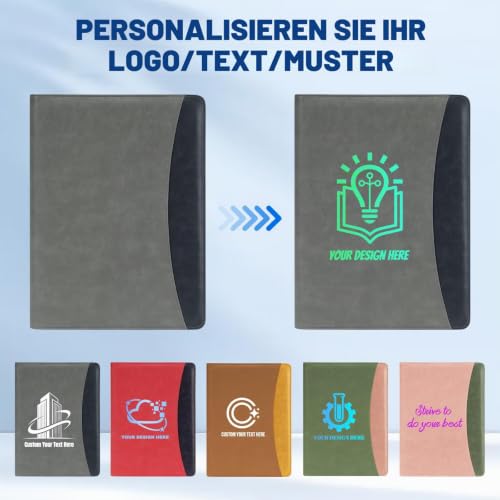 ENOMY Konferenzmappe A4 Leder personalisiert mit Reißverschluss, Dokumentenmappe Schreibmappe Organizer Mappe Portfolio Mappe mit Logo Text Bild für Bewerbung Business Büro Meeting Reise (Grau)