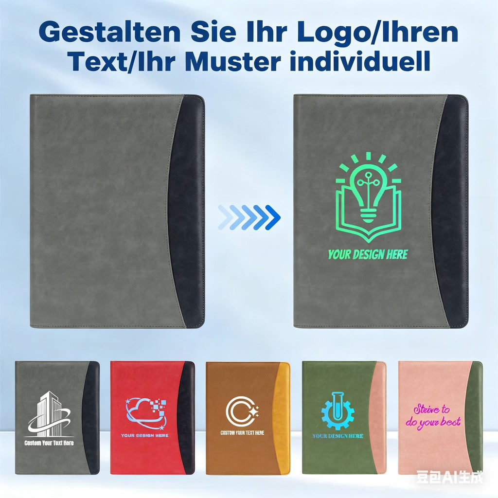 ENOMY Konferenzmappe A4 Leder personalisiert mit Reißverschluss, Dokumentenmappe Schreibmappe Organizer Mappe Portfolio Mappe mit Logo Text Bild für Bewerbung Business Büro Meeting Reise (Grau)