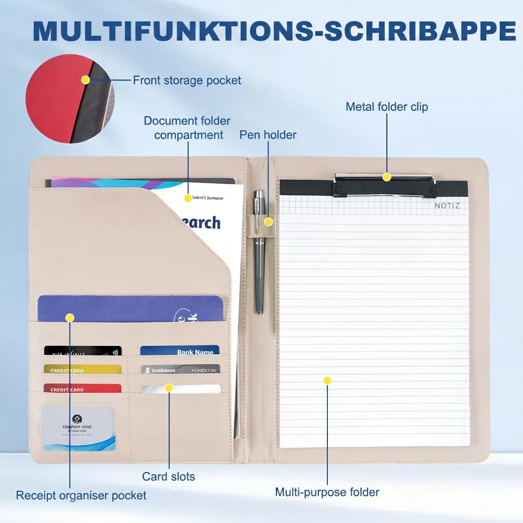 ENOMY Konferenzmappe A4 Leder personalisiert mit Reißverschluss, Dokumentenmappe Schreibmappe Organizer Mappe Portfolio Mappe mit Logo Text Bild für Bewerbung Business Büro Meeting Reise (Grau)
