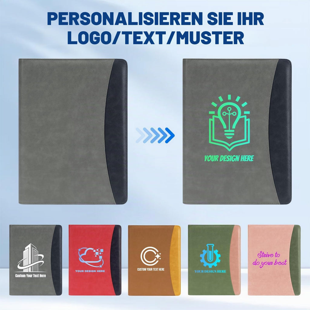 ENOMY Konferenzmappe A4 Leder personalisiert mit Reißverschluss, Dokumentenmappe Schreibmappe Organizer Mappe Portfolio Mappe mit Logo Text Bild für Bewerbung Business Büro Meeting Reise (Grau)