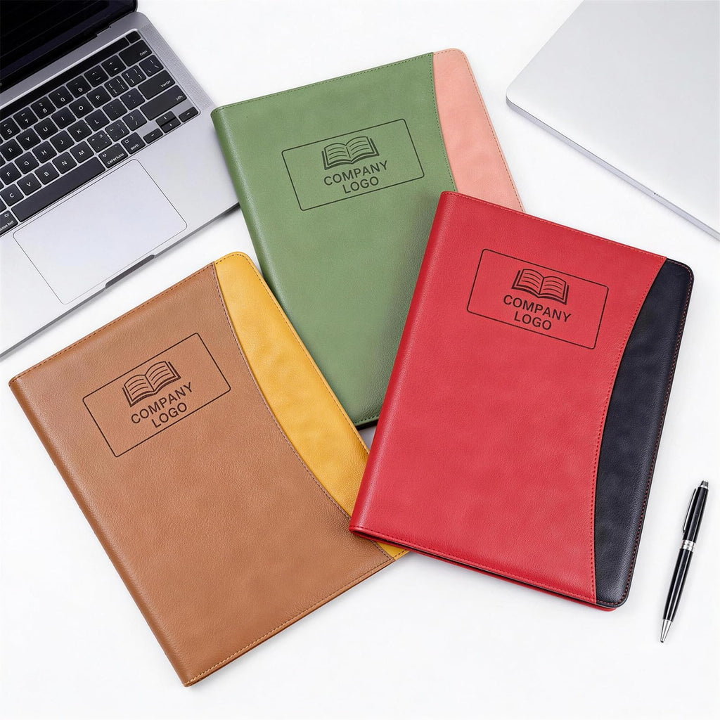 ENOMY Konferenzmappe A4 Leder personalisiert mit Reißverschluss, Dokumentenmappe Schreibmappe Organizer Mappe Portfolio Mappe mit Logo Text Bild für Bewerbung Business Büro Meeting Reise (Grau)