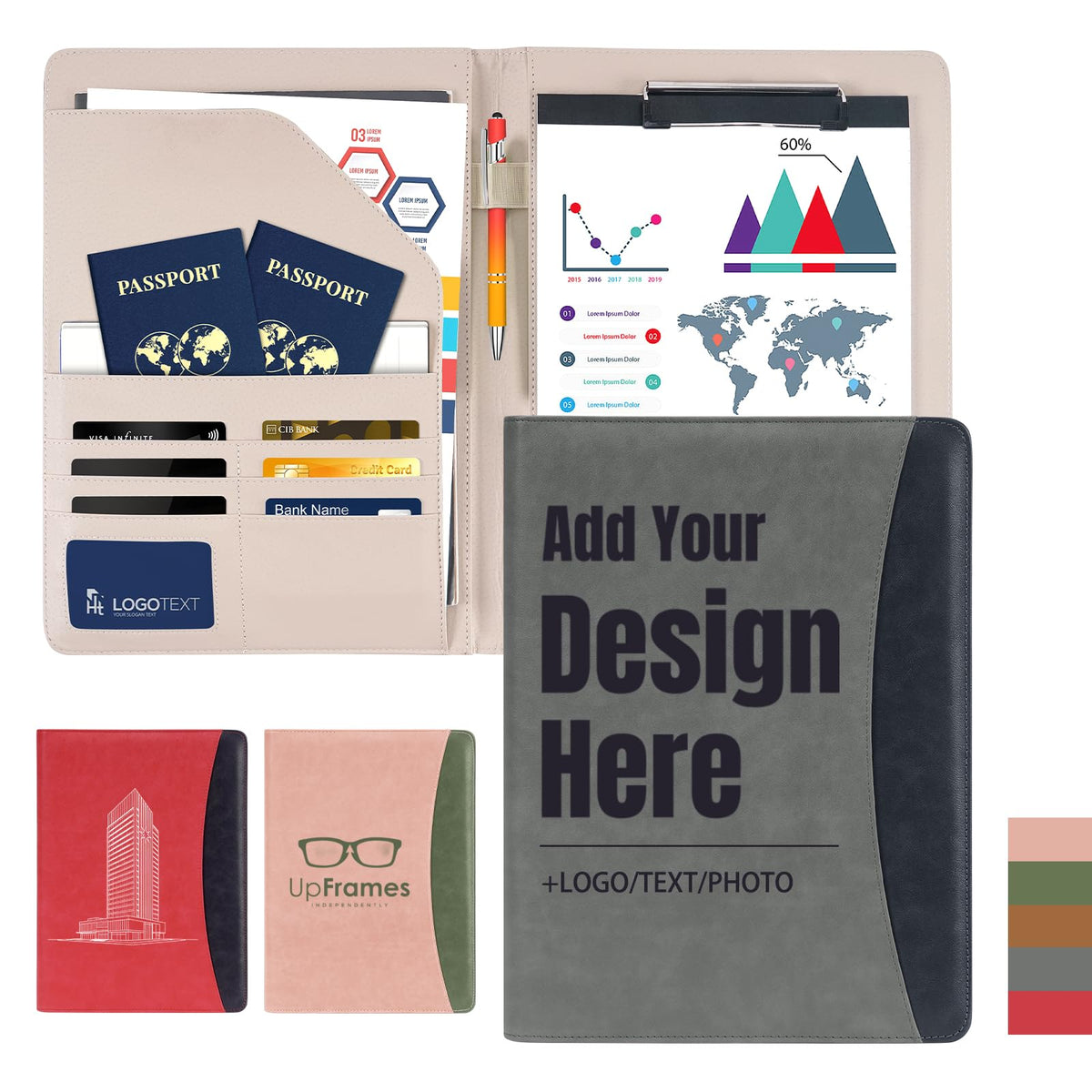 ENOMY Konferenzmappe A4 Leder personalisiert mit Reißverschluss, Dokumentenmappe Schreibmappe Organizer Mappe Portfolio Mappe mit Logo Text Bild für Bewerbung Business Büro Meeting Reise (Grau)