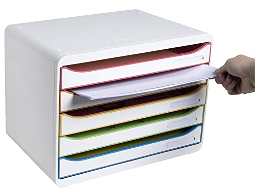 Exacompta 308913D Ablagebox Harlekin mit 5 Schubladen für DIN A4+ Dokumente. Belastbare Schubladenbox mit hoher Kapazität für mehr Platz auf dem Schreibtisch Big Box Plus Horizon Weiß|Bunt