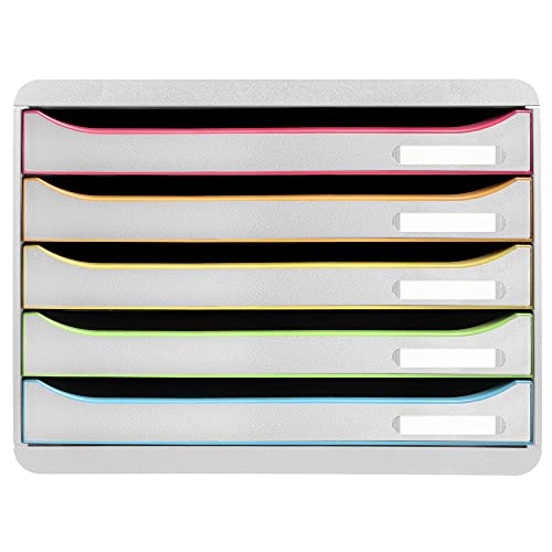 Exacompta 308913D Ablagebox Harlekin mit 5 Schubladen für DIN A4+ Dokumente. Belastbare Schubladenbox mit hoher Kapazität für mehr Platz auf dem Schreibtisch Big Box Plus Horizon Weiß|Bunt