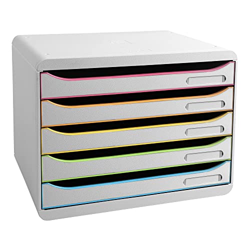 Exacompta 308913D Ablagebox Harlekin mit 5 Schubladen für DIN A4+ Dokumente. Belastbare Schubladenbox mit hoher Kapazität für mehr Platz auf dem Schreibtisch Big Box Plus Horizon Weiß|Bunt