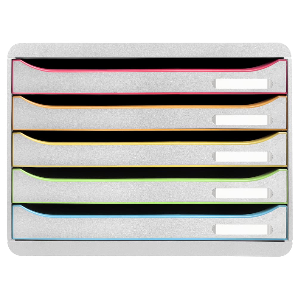 Exacompta 308913D Ablagebox Harlekin mit 5 Schubladen für DIN A4+ Dokumente. Belastbare Schubladenbox mit hoher Kapazität für mehr Platz auf dem Schreibtisch Big Box Plus Horizon Weiß|Bunt