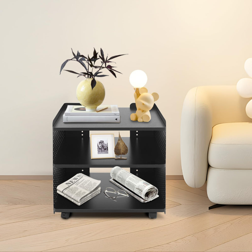 Druckerständer | Druckertisch Mit Rollen | Druckerhalter mit 3 Ebenen | 88 kg Tragfähigkeit | 4 Rollen (2 mit Bremsen) | Höhenverstellbar | Modernes Design für Büro & Zuhause (schwarz)
