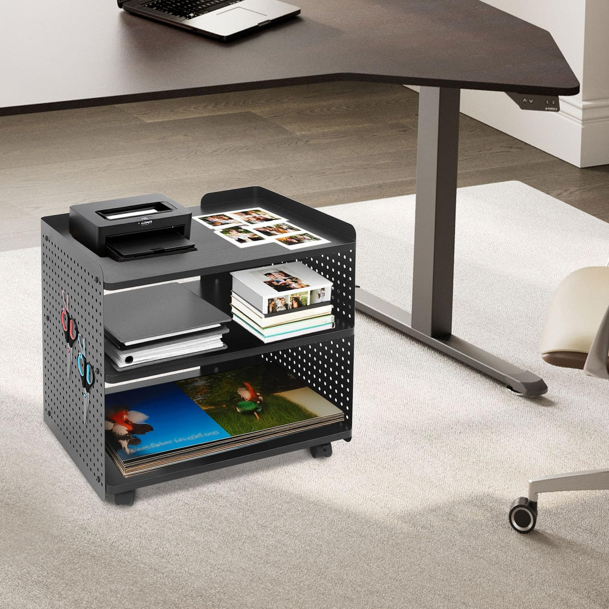 Druckerständer | Druckertisch Mit Rollen | Druckerhalter mit 3 Ebenen | 88 kg Tragfähigkeit | 4 Rollen (2 mit Bremsen) | Höhenverstellbar | Modernes Design für Büro & Zuhause (schwarz)